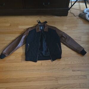 Men's Quilted Bomber Jacket with Brown Faux Leather Sleeves
